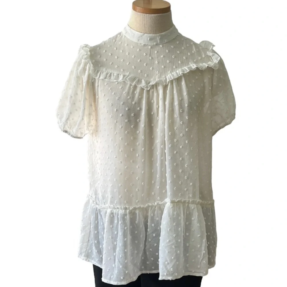 Anthopologie Ro & De Smocked Puff-Sleeve Sheer Blouse, Small